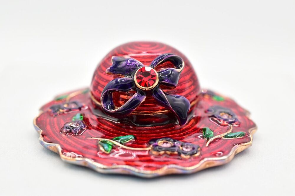 Vintage Trinket Box Red Hat Society Decor Crystal Red Purple Bow Gold Tone